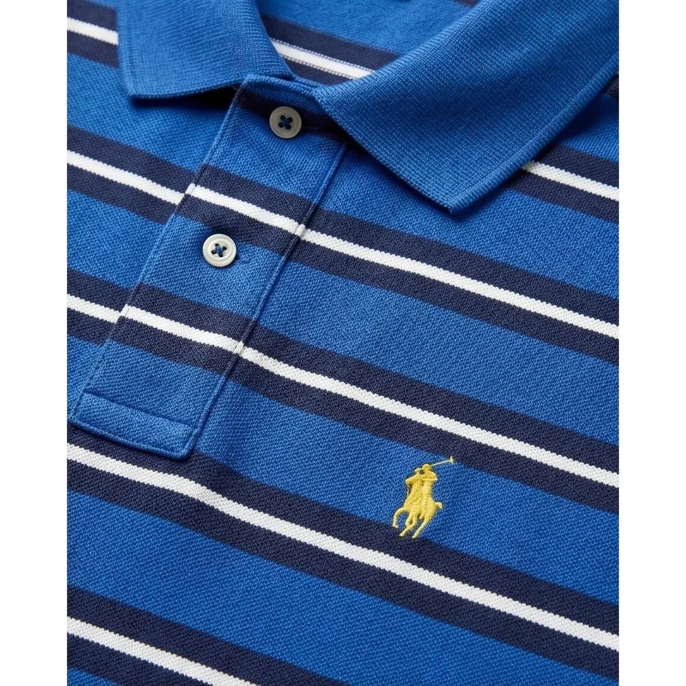 Polo Ralph Lauren M Blue‎ Striped Polo SS Yellow Pony Vtg Classic Fit Casual